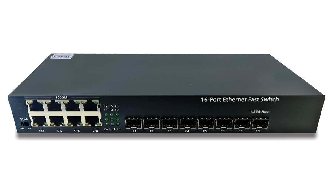 ממיר אופטי ג׳יגה HUB-8+8F SFP למרחק 20K כולל VLAN